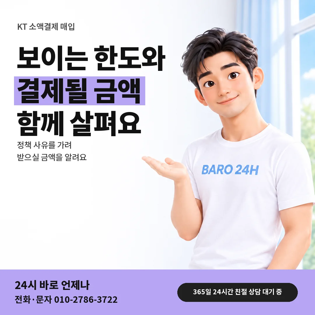 BARO 24H 티셔츠를 입은 3D 인물 옆에 「KT 소액결제 매입 결제 금액」 제목을 얹은 안내 카드
