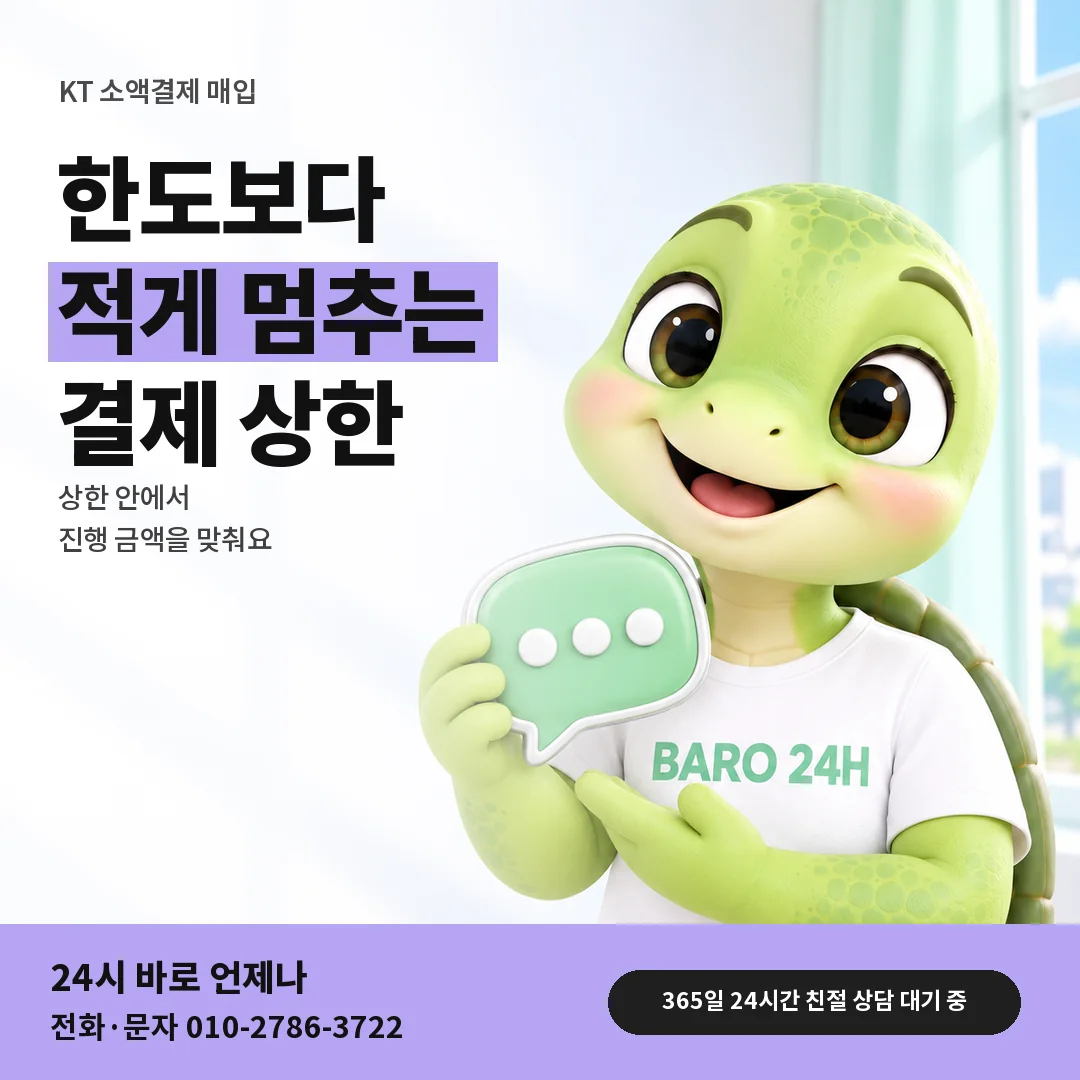 말풍선을 든 BARO 24H 티셔츠를 입은 3D 거북이 캐릭터 옆에 「KT 정책상 결제 상한」 제목을 얹은 안내 카드